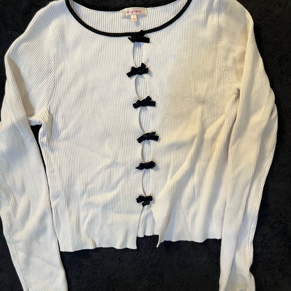 Stella Tweed White Cardigan with Black Bow Detail